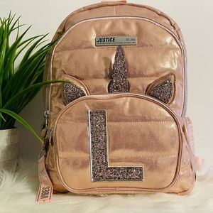 Justice Rose Gold Quilted Unicorn Backpack L